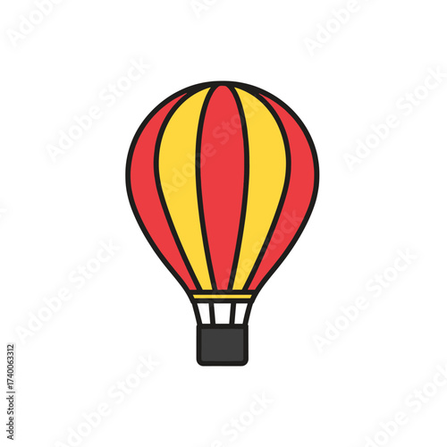 A colorful hot air balloon with red and yellow panels, floating upwards.