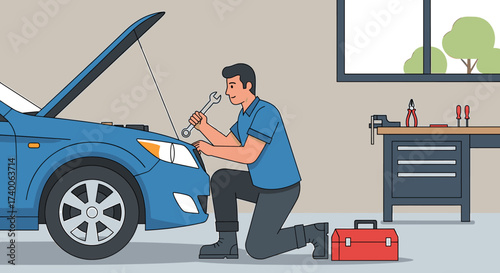 A mechanic kneels, using a wrench to work on a blue car engine in a garage.