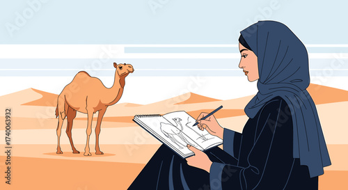 A woman in hijab sits in the desert drawing a camel on a sketchpad.