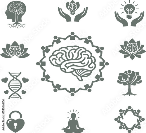 A collection of vector icons representing concepts of psychology, mental health, community, and personal growth.