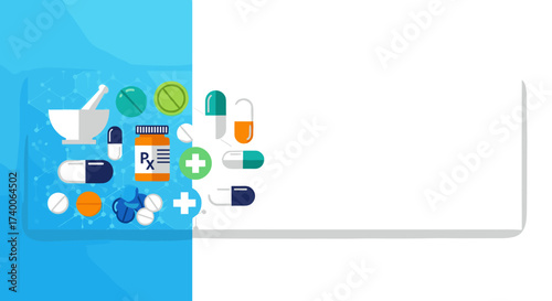 Medical Pharmacy Health Care And Prescription Drugs Icons On Blue Background