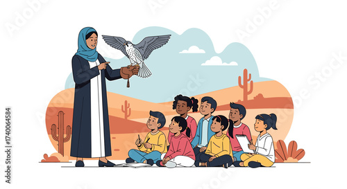 A woman in traditional dress shows a falcon to a group of diverse children in a desert landscape.