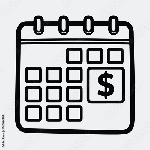 Silhouette calendar with dollar sign denoting financial planning line art vector illustration