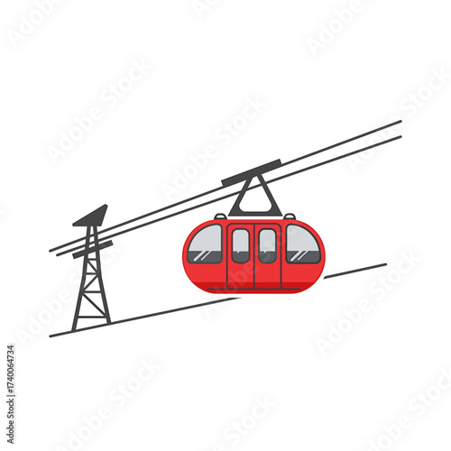 A red cable car travels along a cable system, supported by a tall tower.