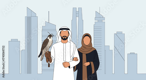 An Emirati couple stands with a falcon in front of a stylized city skyline.