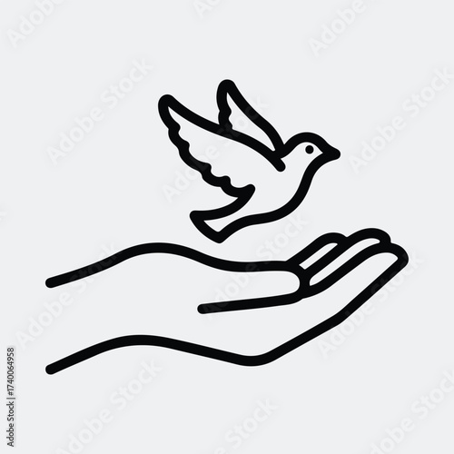Silhouette dove flying above outstretched hand minimal line art vector illustration