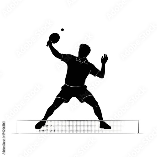 Dynamic action shot of a table tennis player serving with power and precision in a modern, minimalist silhouette style, perfect for sports branding