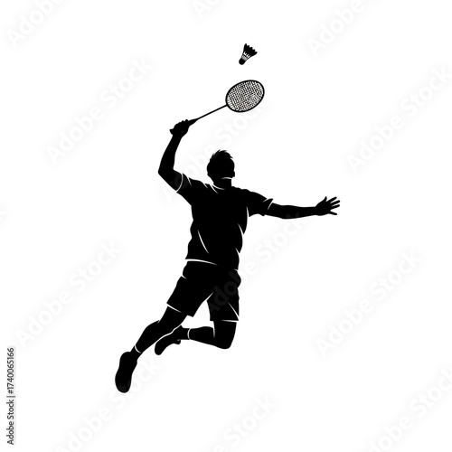 Dynamic badminton player silhouette leaping for powerful smash, conveying energy, athleticism, and the thrill of competitive sports in a modern design.