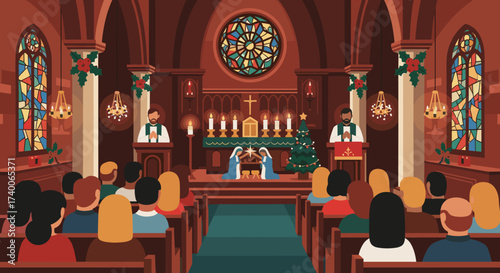Christmas Celebration in a Church with Nativity Scene and Decorated Tree
