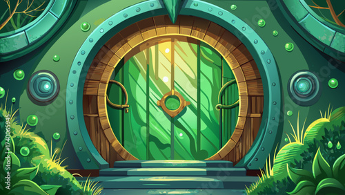 Close-up of Shire green door wood texture, glowing edges, surreal round shapes, fantasy aura, dreamlike environment, mystical hobbit house detail, epic artwork, enchanted close-up, legendary imaginati