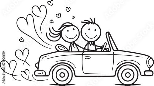 Love on the Road: An idyllic cartoon illustration of a happy couple cruising in a classic convertible, surrounded by whimsical hearts, radiating joy and togetherness.