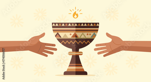 Hands reaching for a ceremonial chalice with an eternal flame
