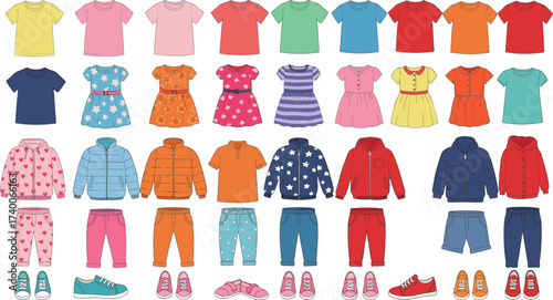 Collection of kids clothes and shoes including t-shirts, dresses, jackets, pants, sneakers, casual outfits, colorful children fashion vector design