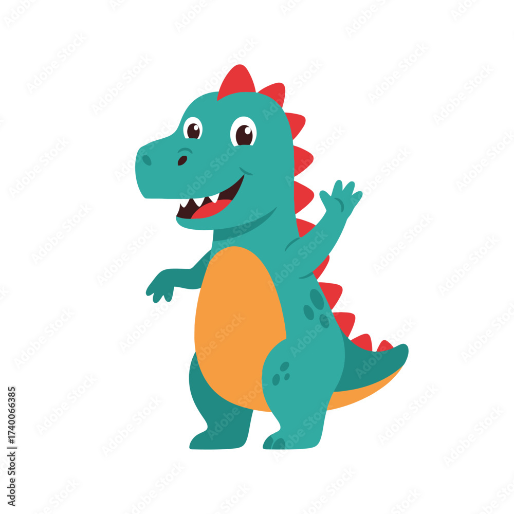 Fototapeta premium Cute cartoon green dinosaur with orange belly and red spikes, standing and waving happily on a white background.