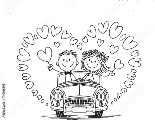 Wedding Car Sketch: A charming cartoon depiction of a newlywed couple in a classic car, surrounded by hearts, conveying love and the joy of marriage.