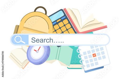 Illustration featuring search bar, backpack, books, pencil, alarm clock, and graduation cap, symbolizing online education, e-learning, and virtual training concepts.
