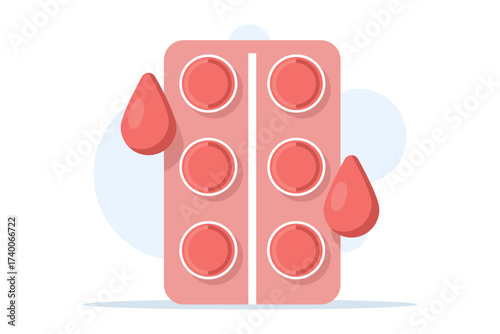 Illustration of a medicine tablet with a blood drop icon, representing blood-boosting supplements, healthcare, and medical treatment in a flat vector style.