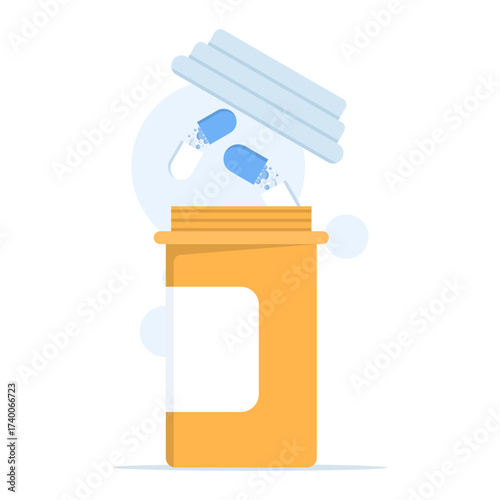Vector illustration of prescription pill bottle with capsule pills. Represents healthcare, medical treatment, pharmacy concept, and medication management for patient prescription use.