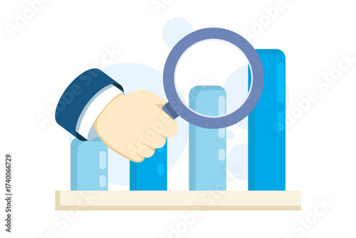 Illustration of market or data analysis with magnifying glass and column charts, symbolizing rising trends, increased revenue, profit growth, and improved sales performance.