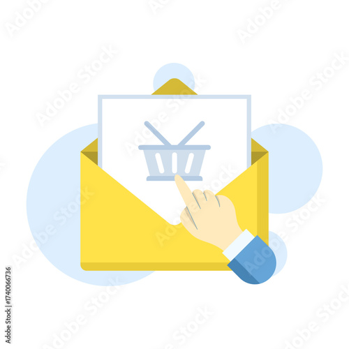 Vector illustration of email marketing abandoned cart recovery. Open email with shopping cart icon and cursor click, symbolizing targeted strategy to complete unfinished online purchase orders.