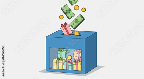 Donation box filled with gifts and money pouring in