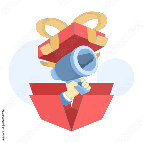 Red gift box with a megaphone broadcasting sound waves, representing promotions, marketing announcements, special deals, and advertising campaigns in a flat vector illustration.