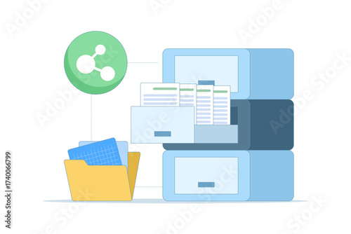 Vector illustration of secure file sharing and document management. Encrypted storage services ensure privacy, data protection, and safe collaboration through shared digital files.