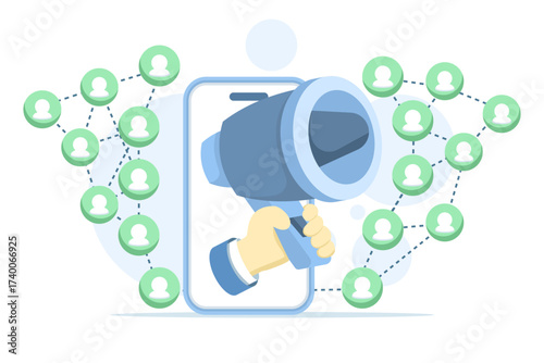 Vector illustration of smartphone network marketing concept, representing digital promotion, online business strategy, and mobile communication in a modern flat design style.