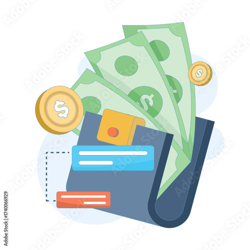 Vector illustration of wallet and coins symbolizing e-payment, cashback, and refund. Concept of digital finance, online transaction, and money management with stacked coins and wallet.