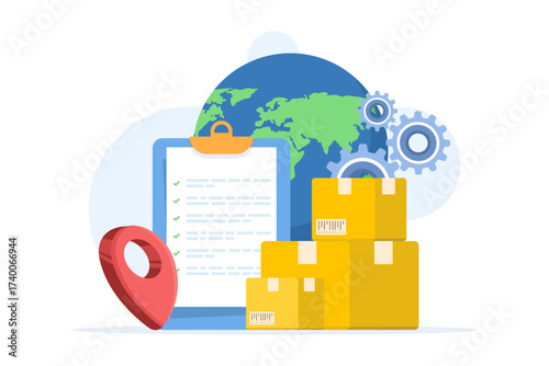 Global delivery service concept illustration featuring a package box, clipboard, globe, location pins, and gears, symbolizing worldwide shipping, logistics, and supply chain management.
