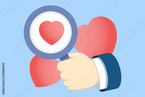 Heart-shaped icon with magnifying glass, symbolizing searching for love, romantic connections, dating, or relationship exploration in a flat vector illustration.