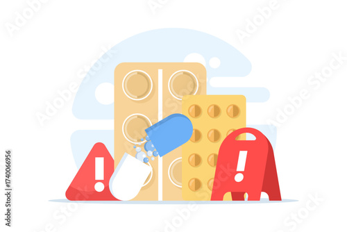 Flat cartoon vector illustration of medicine error warning. Depicts danger of drug overdose, fake or abusive pills, and health risks related to unsafe medication or pharmaceutical misuse.