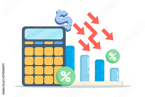 Vector illustration of calculating financial losses. Concept of business decline, money loss, and financial risk analysis showing budget reduction or negative profit in economic management.