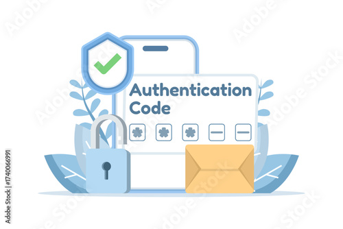 Two-step authentication web page illustration. Depicts secure login process with password and verification code for online account protection and data privacy.