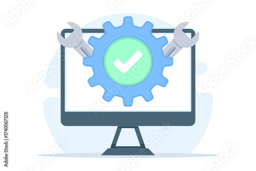Illustration of troubleshooting concept with PC monitor, gears, and check mark, representing problem solving, system repair, and fixing computer errors efficiently.