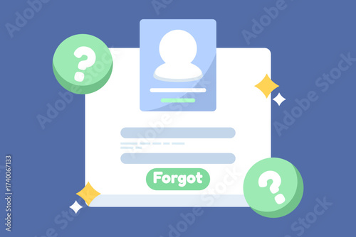 Forgotten password concept illustration showing a confused user facing login issues on social media or websites, symbolizing account recovery, user service, and access problems.