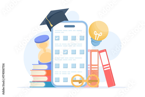 Online exam illustration for web banner. Depicts digital testing, quiz interface, and assessment platform, suitable for websites, landing pages, mobile apps, posters, and banners in flat vector style.