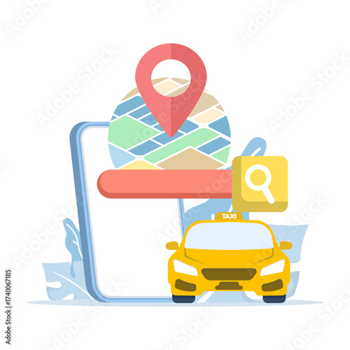 Vector illustration of taxi booking concept. Mobile phone with navigation map, car, and location pin represents ride-hailing, taxi rental services, and modern transportation technology.