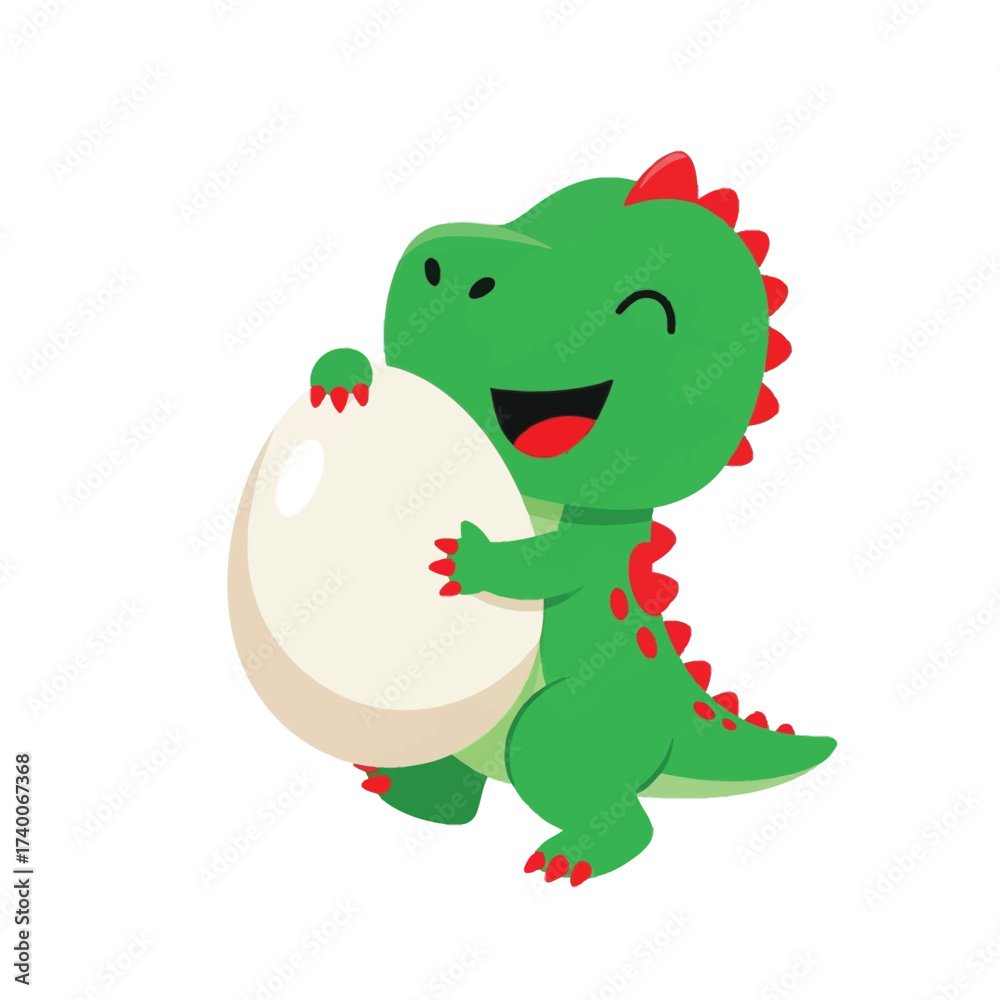 Fototapeta premium Happy green cartoon dinosaur hugging a large white egg.