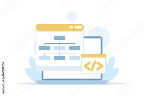 Illustration of website sitemap and SEO structure concept, featuring a professional organizing site architecture to enhance navigation, indexing, and search engine optimization.
