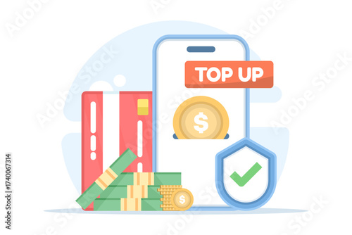 Illustration of a mobile top-up concept featuring smartphone, shield, payment card, and coins, representing secure balance recharge, mobile technology, and digital payment safety.