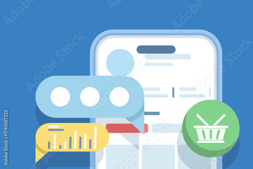 Vector illustration of social commerce growth. Banners display online shopping via social media, in-app purchases, and user engagement driving higher sales and digital marketing success.