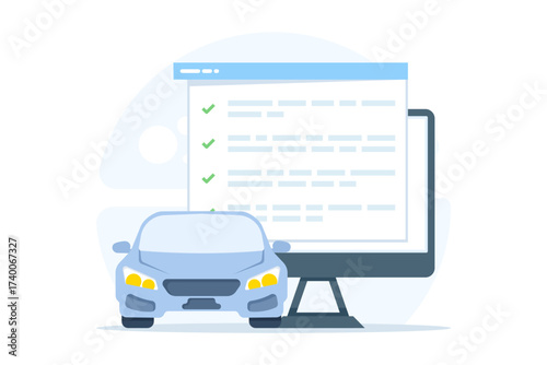 Vector illustration of car vehicle checklist inspection concept. Depicts car maintenance, technical service, and safety inspection review for automotive care and vehicle performance evaluation.