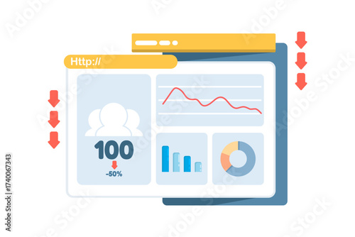 Illustration of declining website traffic showing a worried site owner as visitors drop, symbolizing low engagement, reduced online activity, and decreasing web performance.