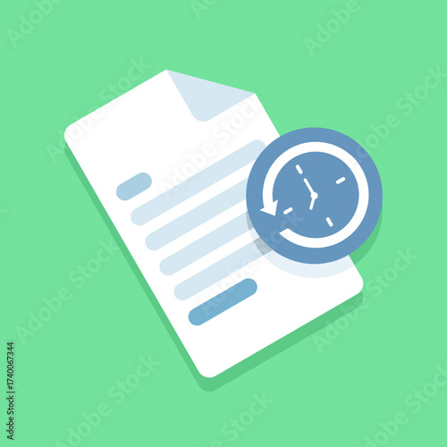 Vector illustration of empty history file status. Depicts a sheet of paper with a rotating arrow and clock symbolizing cleared records, reset data, or no recent activity found.
