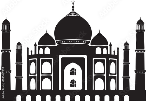 Taj Mahal silhouette, black monument vector, famous landmark illustration