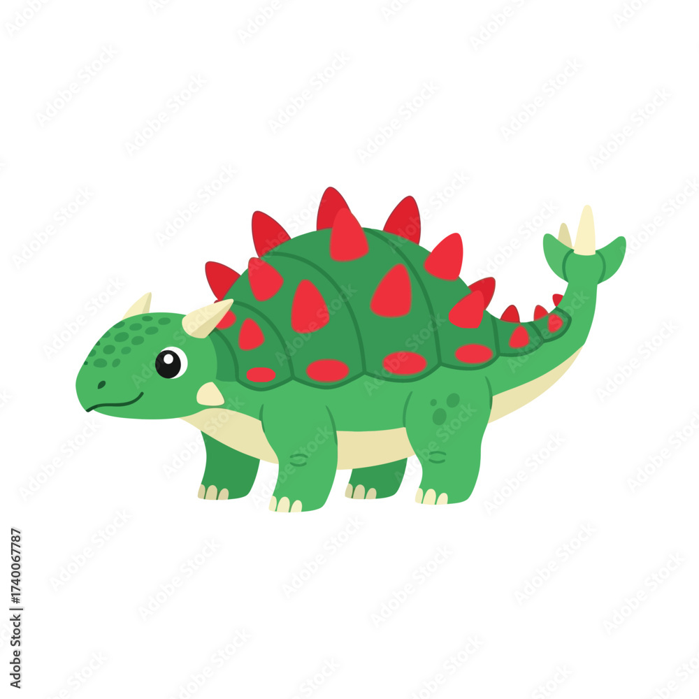 Fototapeta premium Cute cartoon green dinosaur with red spikes on its back and tail, smiling, on a white background.