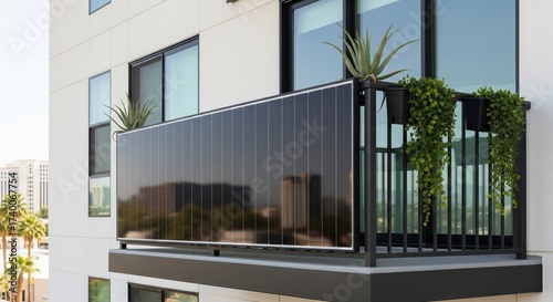 Sleek solar panel with vertical lines installed on balcony of a white apartment building in Las Vegas, USA