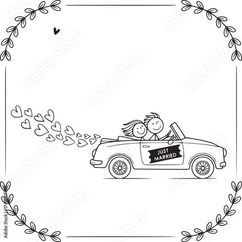 Newlyweds in a Convertible: A whimsical cartoon illustration of a joyous newly married couple in a classic convertible, leaving a trail of hearts behind them, celebrating their union.