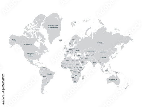 World map illustration. World map template with continents, North and South America, Europe and Asia, Africa and Australia. World map silhouette